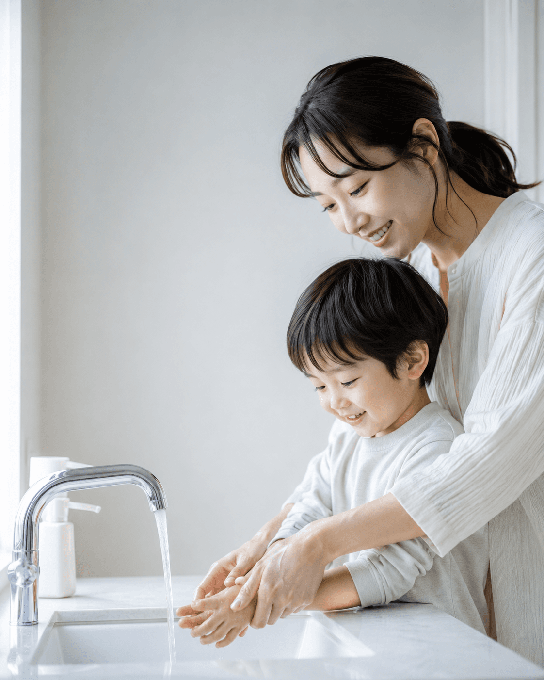 親子で手を洗う様子